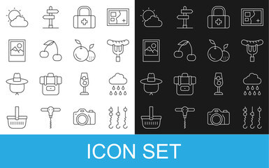 Set line Grilled shish kebab on skewer, Cloud with rain, Sausage the fork, First aid kit, Cherry, Photo frame, Sun and cloud weather and Fruit icon. Vector