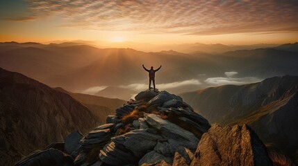 AI generated illustration of a person standing atop a scenic cliff with arms outstretched in joy