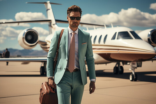 Portrait of a businessman in front of business jet. Financial success concept. 