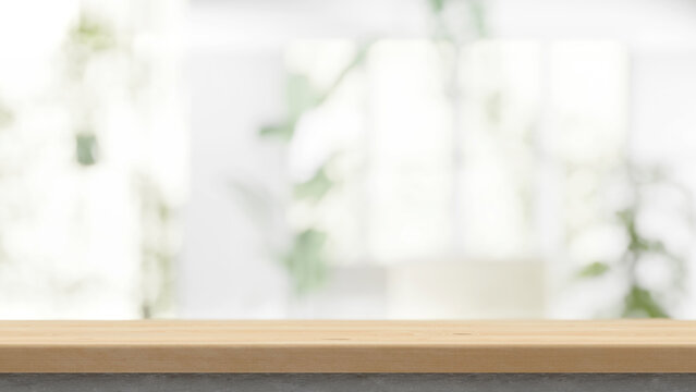 Wooden table on the blurred light abstract home with plants and windows background bokeh, special empty place for productoin desplacement and presentation