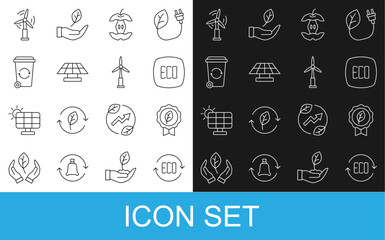 Set line Leaf Eco symbol, Apple core, Solar energy panel, Recycle bin, Wind turbine and icon. Vector