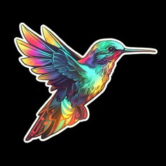 AI generated illustration of a vibrant hummingbird sticker soaring against a dark background