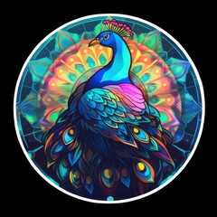 AI generated illustration of a peacock in front of a vibrant floral background with colorful flowers