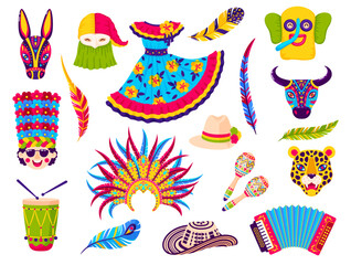 Barranquilla carnival holiday objects for folkloric celebration party. Vector traditional costumes, feathers, crown, dress, hats, animal masks, maracas, accordion and drums isolated icons set