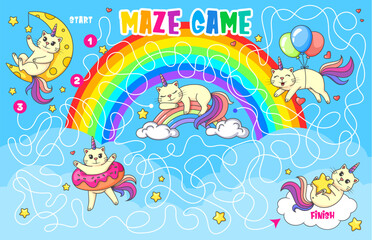 Labyrinth maze. Help cute caticorn cat to find friends, kids game quiz. Cartoon funny unicorn kitty characters vector puzzle worksheet with labyrinth on sky background, rainbows, balloons and stars