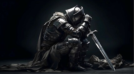 Fototapeta na wymiar AI generated illustration of a knight in full armor kneels in a heroic pose on a shiny sword