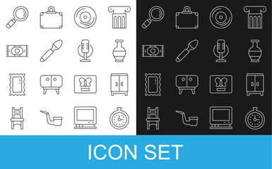 Set line Pocket watch, Wardrobe, Ancient amphorae, Vinyl disk, Silver spoon, Classic carpet, Magnifying glass and Microphone icon. Vector