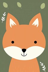Naklejka premium a small fox with leaves in the background in a cartoon style
