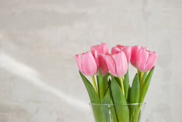 pink tulips in a vase on a gray background