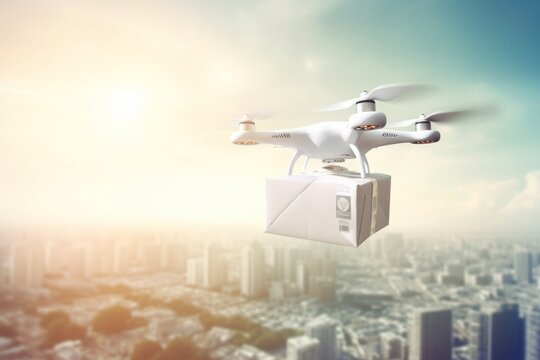 drone carry package, Photographic Capture of a White Drone Carrying a Package against the Cityscape Background, Embracing the Summer's Sunny Light and the Seamless Connection of Skyline and Technology