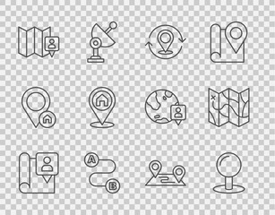 Set line Folded map with location marker, Push pin, Map, Route, Location house, and icon. Vector
