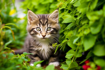Naklejka na ściany i meble Cute fluffy Norwegian forest cat in the nature in green foliage looking straight into the camera. Adorable kitten