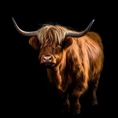 AI-generated illustration of a highland cattle against a black background.