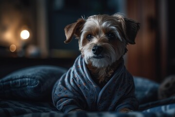 AI generated illustration of an adorable Yorkshire Terrier in cozy pajamas in bed in a dark room