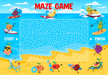 Labyrinth maze game. Cartoon funny fruits on summer beach vacation. Kids find way puzzle vector worksheet with fig, peach, banana, guava and grape, mango cute character surfing and sunbathing on beach