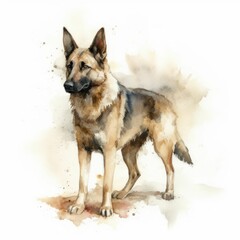 AI generated illustration of a painting of a German shepherd in watercolor on a white background