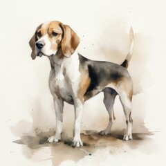AI generated illustration of a painting of an adorable Beagle in watercolor on a beige background