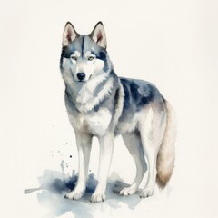 Naklejka na ściany i meble AI generated illustration of a painting of an adorable Husky in watercolor on a white background