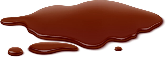 Chocolate puddle, tempting and decadent brown choco spill. Isolated realistic 3d vector liquid blot and drip with glossy surface. Rich and indulgent luscious brown blot, and mesmerizing drips