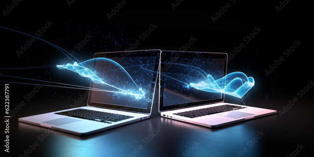 Poster two labtops connected with the cloud,  CGI Image of Two Laptops Networking with the Cloud, Creating Connections in a Space of Light Blue