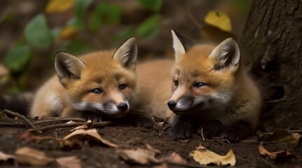 Fototapeta premium AI generated illustration of two little foxes lying next to each other in the forest