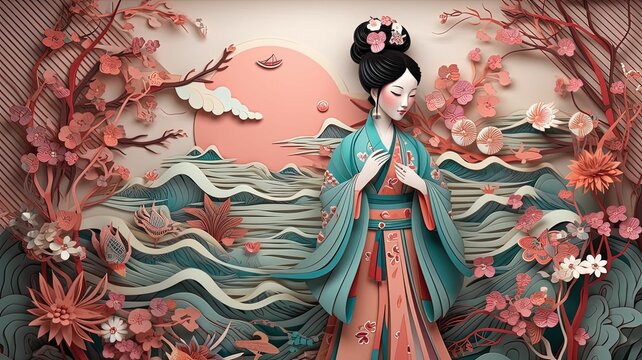 AI generated illustration of an asian princess crafted from paper quilling technique