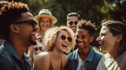Fototapeta premium AI-generated illustration of a diverse group of young adults laughing and socializing together.