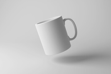 White mug floating in mid air on white background in monochrome and minimalism. Illustration of the concept of crockery and kitchenware