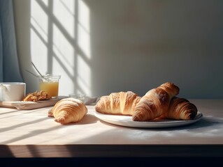 AI generated illustration of A delicious assortment of freshly-baked croissants on a white plate