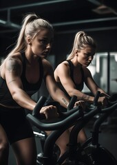 Fototapeta na wymiar AI generated illustration of two female fitness models working out on a stationary bike in a gym