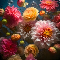AI generated digital art of a variety of flowers that are floating among bubbles in the water