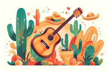 AI-generated illustration of a guitar with cacti. Cinco de Mayo Mexican holiday concept.
