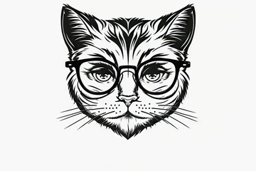 AI generated illustration of a cute tabby cat face with glasses in black and white