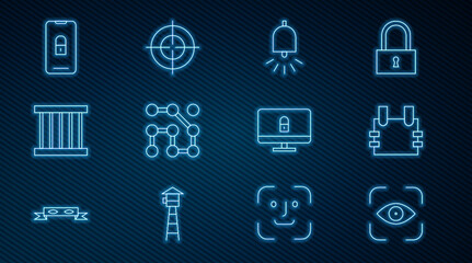 Set line Eye scan, Bulletproof vest, Ringing alarm bell, Graphic password protection, Prison window, Mobile with closed padlock, Lock computer monitor and Target sport icon. Vector