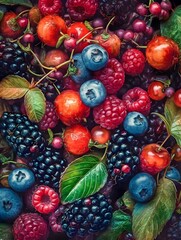 AI generated digital art of a bunch of different fresh berries with leaves on them