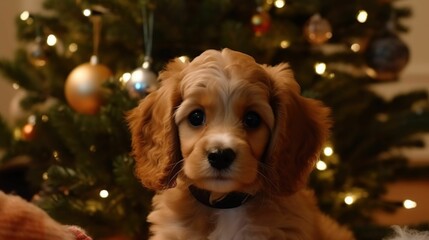 AI generated illustration of A cute brown and white puppy sits next to a festive Christmas tree