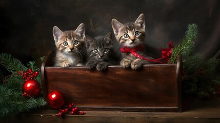 three kittens in a brown box with fir cones and red ribbon