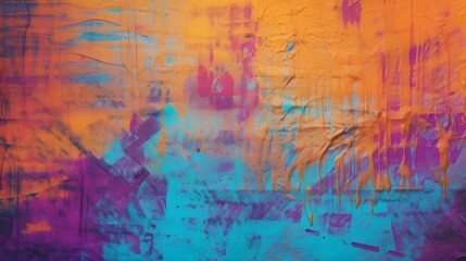 AI generated illustration of an abstract painting of shades of purple, blue, orange on a wall