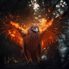 AI generated illustration of a majestic phoenix with flaming red wings in the woods