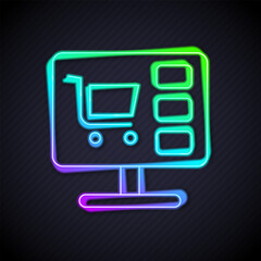 Glowing neon line Shopping cart on screen computer icon isolated on black background. Concept e-commerce, e-business, online business marketing. Vector