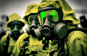 AI-generated illustration of emergency responders wearing hazmat suits and gas masks.