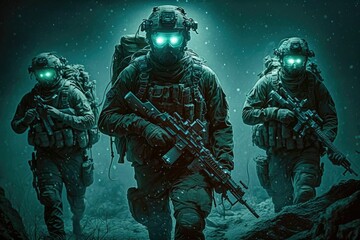 Fototapeta premium AI-generated illustration of special forces carrying out a stealthy nighttime operation.