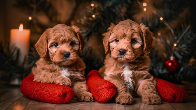 AI generated illustration of two cockapoo puppies sitting under a Christmas tree