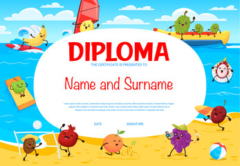 Kids diploma. Cartoon funny fruits on summer beach. Child competition winner vector diploma with banana, lemon, durian and apple, grapefruit, grapes personage sunbathing, swimming, having fun on beach - obrazy, fototapety, plakaty