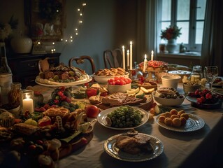 AI generated illustration of a festive holiday meal on a wooden table