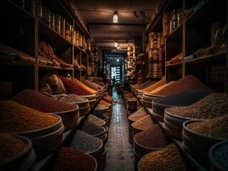 AI generated illustration of row of colorful spices arranged in bowls displayed on a store shelf