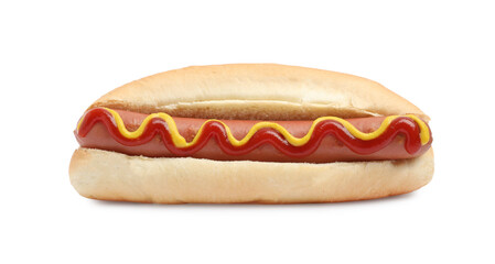 Delicious hot dog with mustard and ketchup on white background