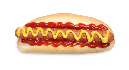 Delicious hot dog with mustard and ketchup on white background, top view