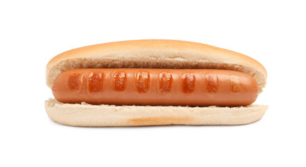 Delicious hot dog bun with sausage on white background