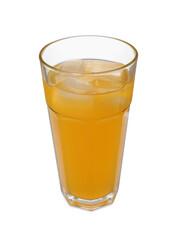 Glass of orange soda water with ice cubes isolated on white